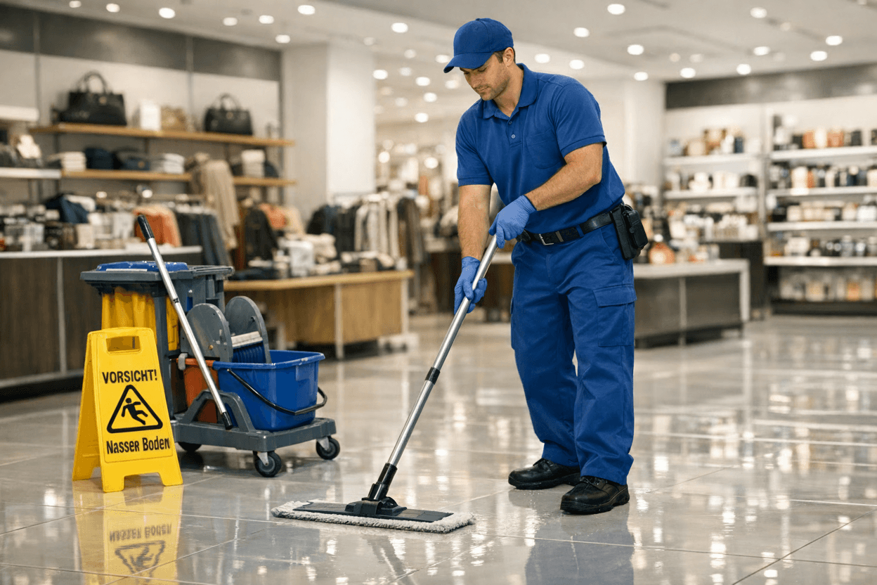 Reinigungskraft in blauer Uniform wischt den Boden eines Ladens neben einem gelben Warnschild für Rutschgefahr.