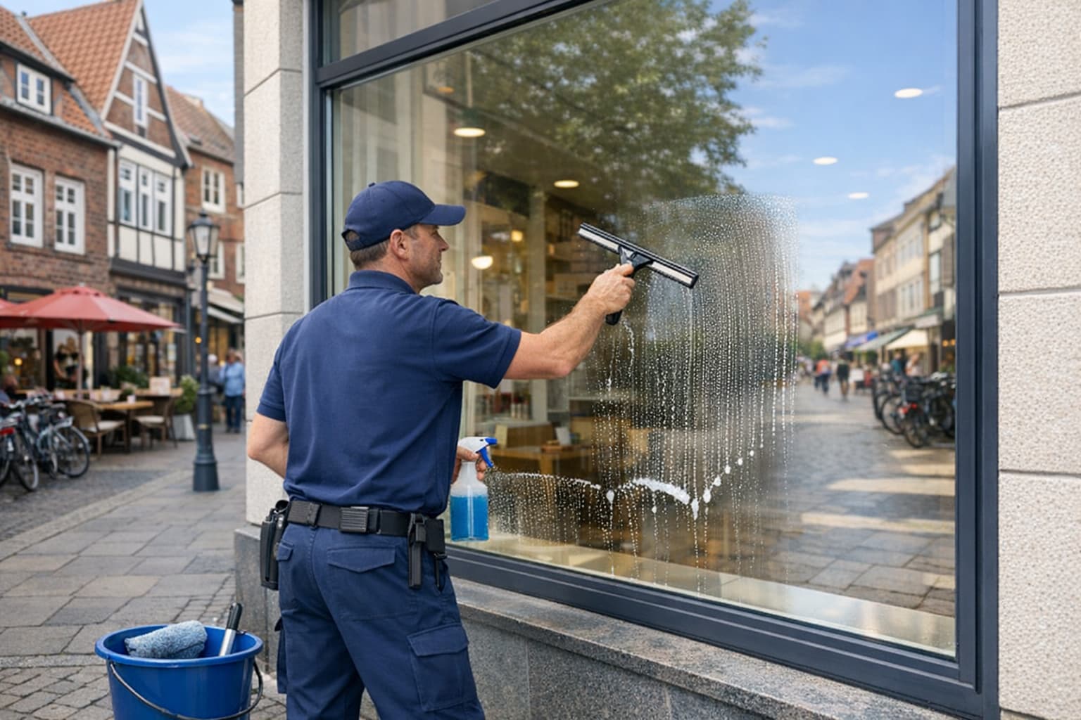 Professionelle Schaufensterreinigung eines Lokals auf Straßenebene