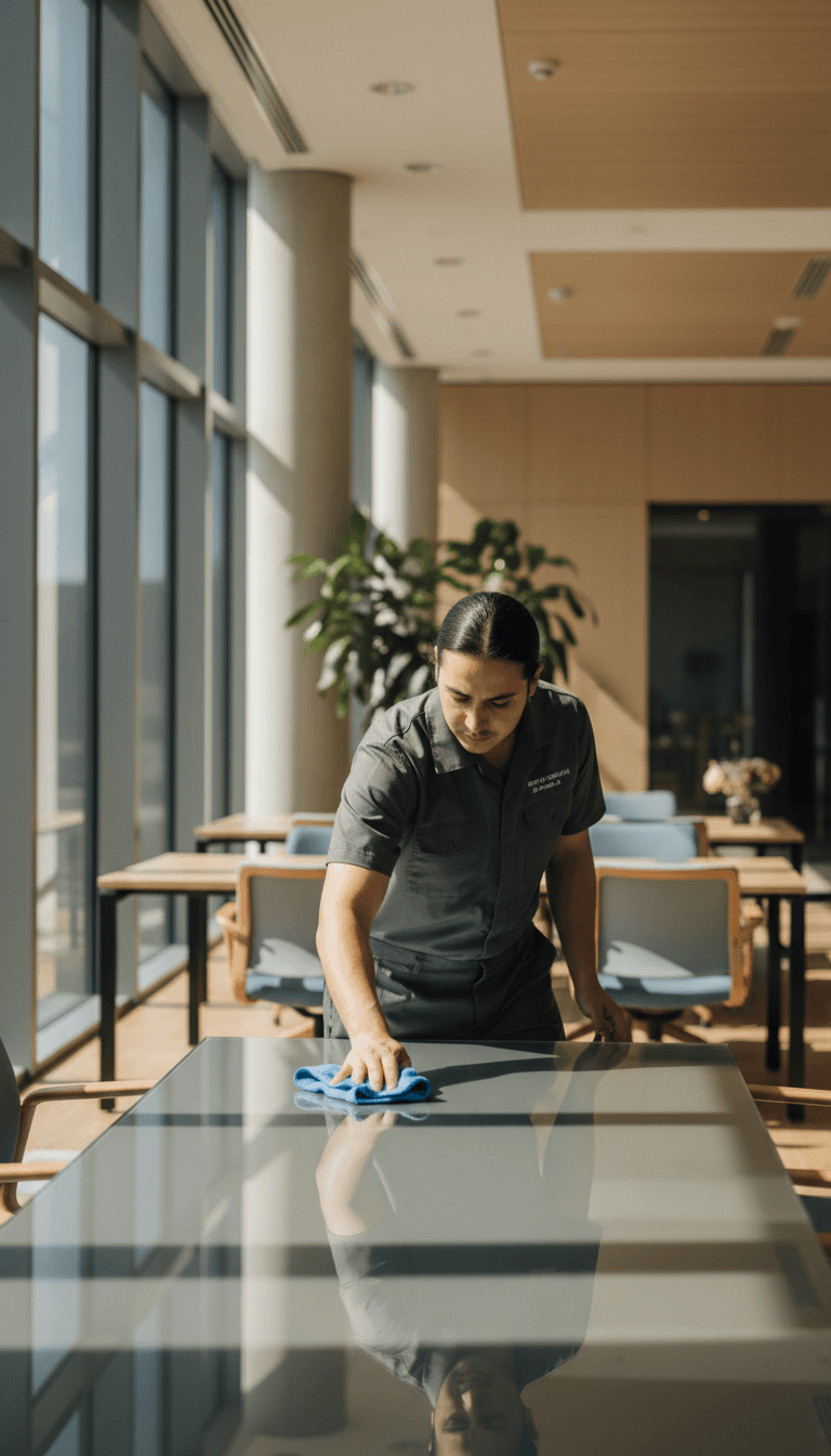 Professionelle Reinigung einer Bürofläche durch ein Clarity Cleaning Solutions Team-Mitglied