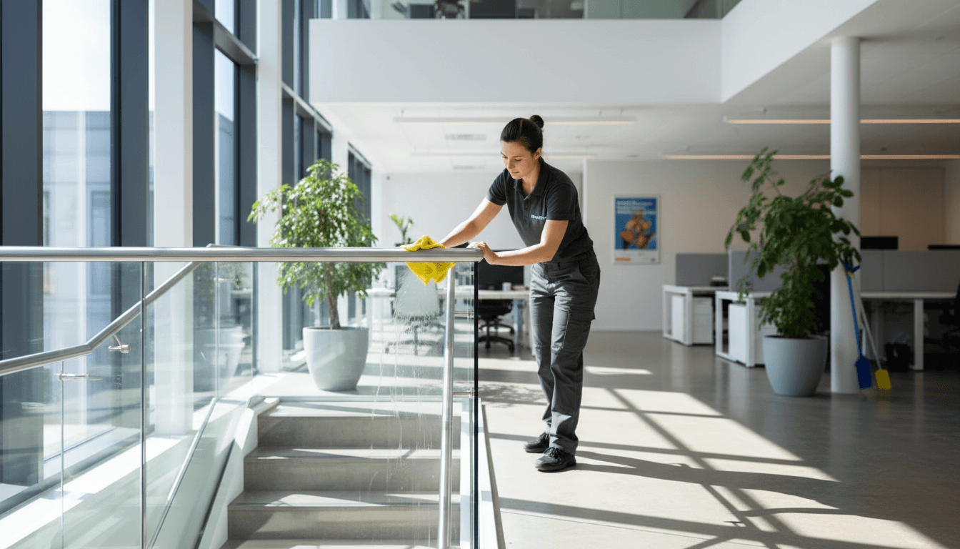 Professionelle Reinigung eines Treppenhauses in einem modernen Bürogebäude in Bremen