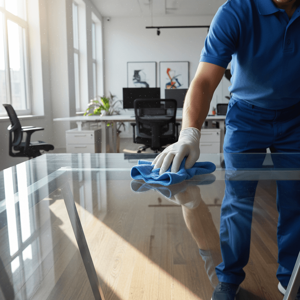 Professionelle Büroreinigung mit Fokus auf Schreibtische und Böden