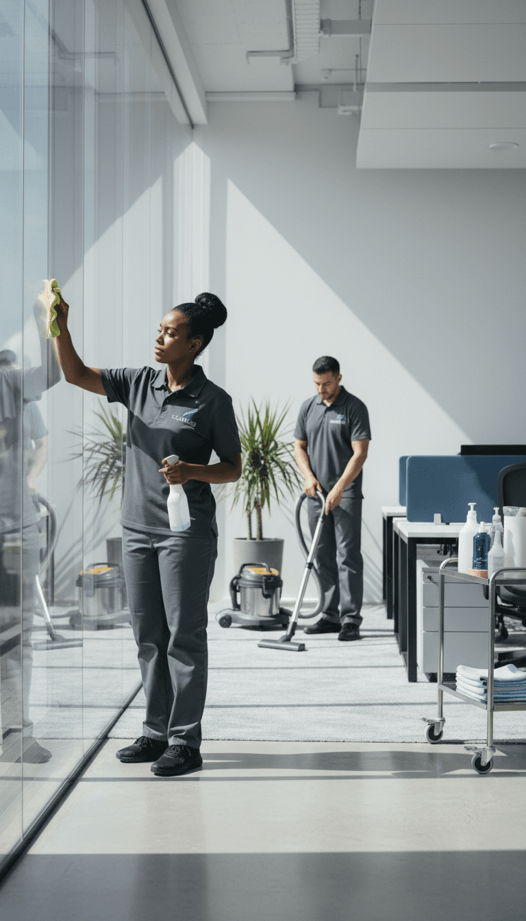 Professionelle Gebäudereinigung in einem modernen Büro mit zufriedenen Reinigungskräften
