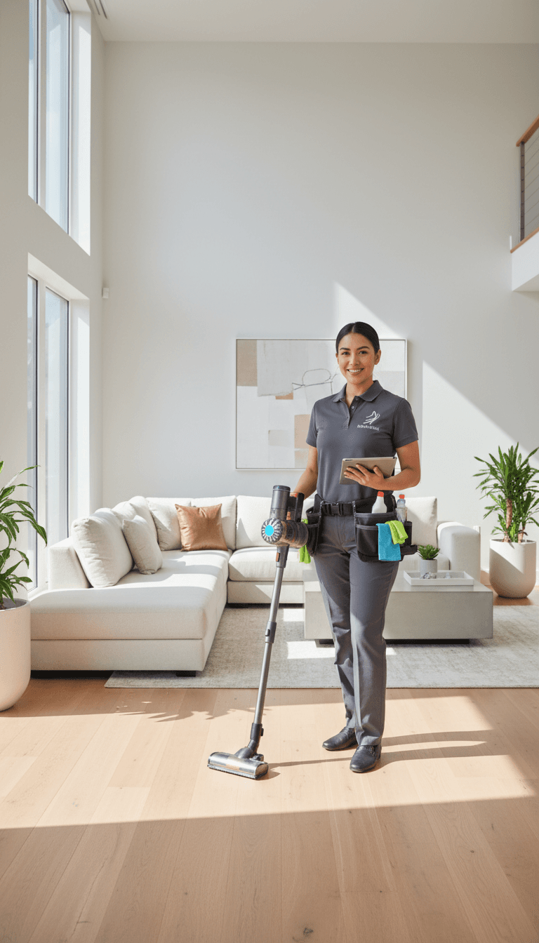 Professional cleaning technician in uniform standing confidently in bright, modern residential living room
