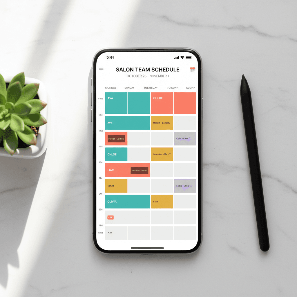 Overhead view of smartphone displaying color-coded team calendar and staff scheduling interface on minimalist marble surface